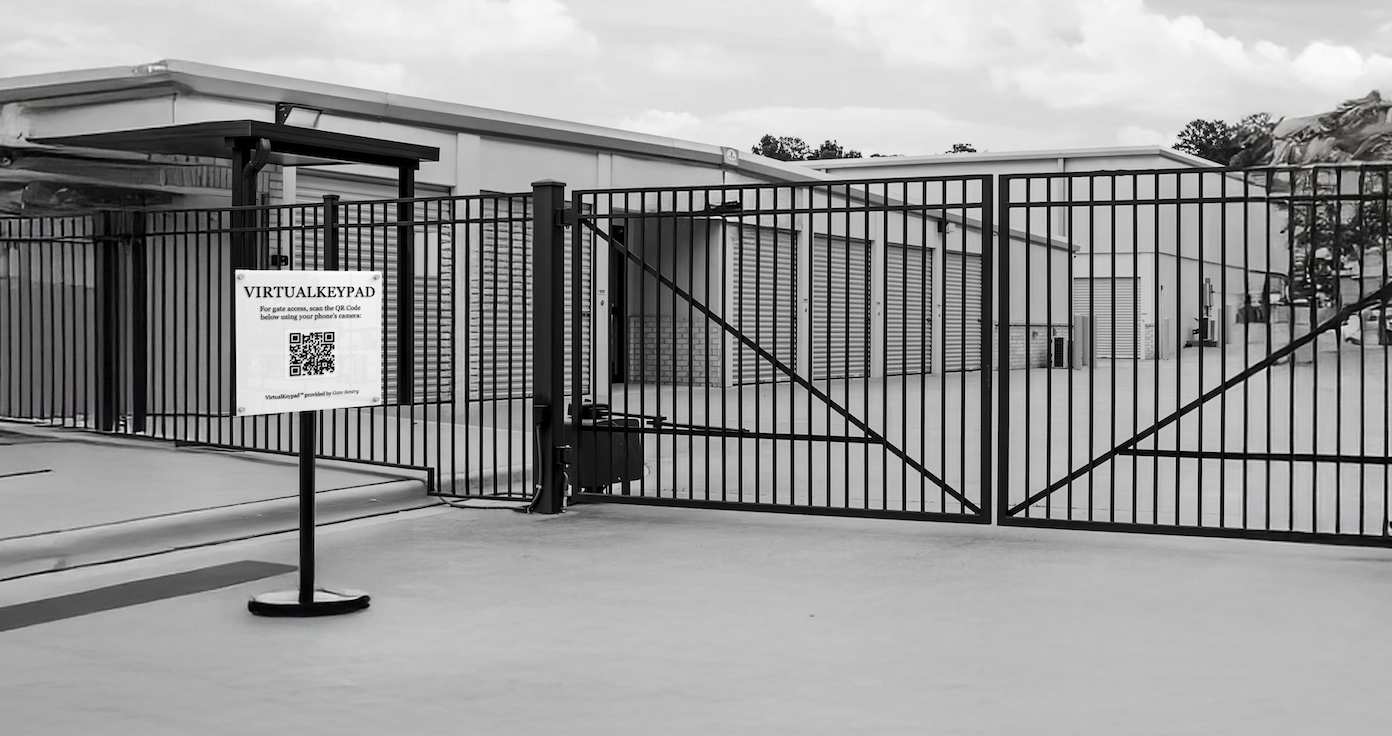 A secure self-storage facility gate.